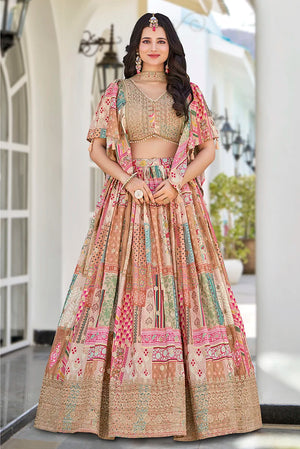 Beige Chinon Digital Print Lehenga Choli with Cape Dupatta