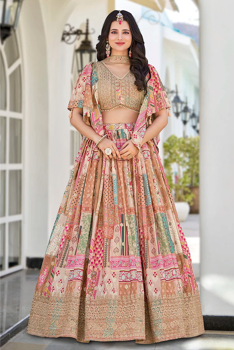 Beige Chinon Digital Print Lehenga Choli with Cape Dupatta, front