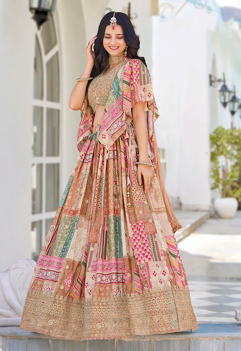 Beige Chinon Digital Print Lehenga Choli with Cape Dupatta, side