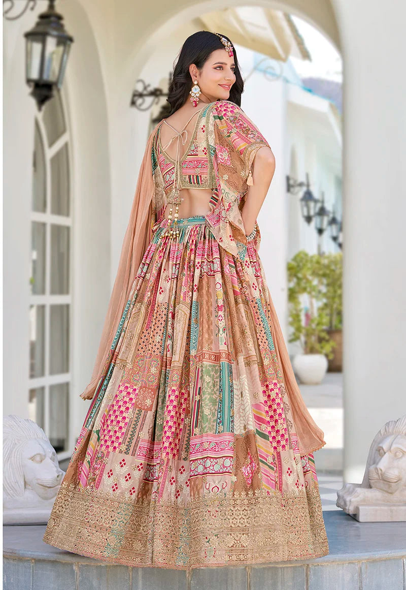 Beige Chinon Digital Print Lehenga Choli with Cape Dupatta, back