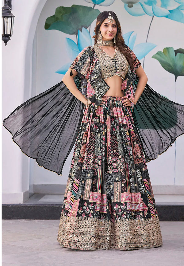 Black Chinon Digital Print Lehenga Choli with Cape Dupatta, front