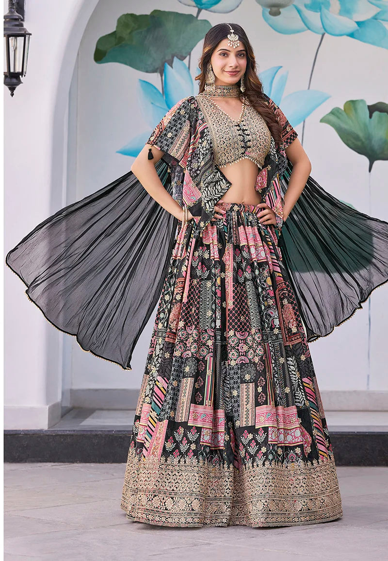 Black Chinon Digital Print Lehenga Choli with Cape Dupatta, front