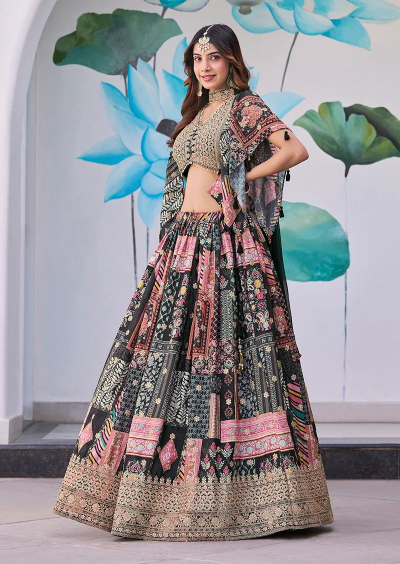Black Chinon Digital Print Lehenga Choli with Cape Dupatta, side