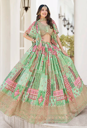 Light Green Chinon Digital Print Lehenga Choli with Cape Dupatta