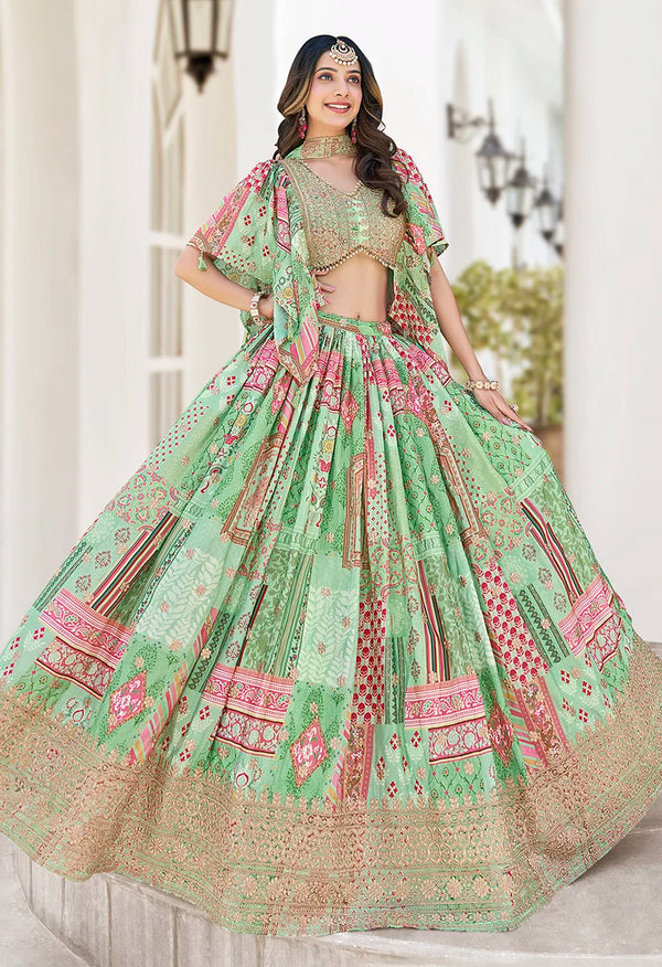 Light Green Chinon Digital Print Lehenga Choli with Cape Dupatta, front