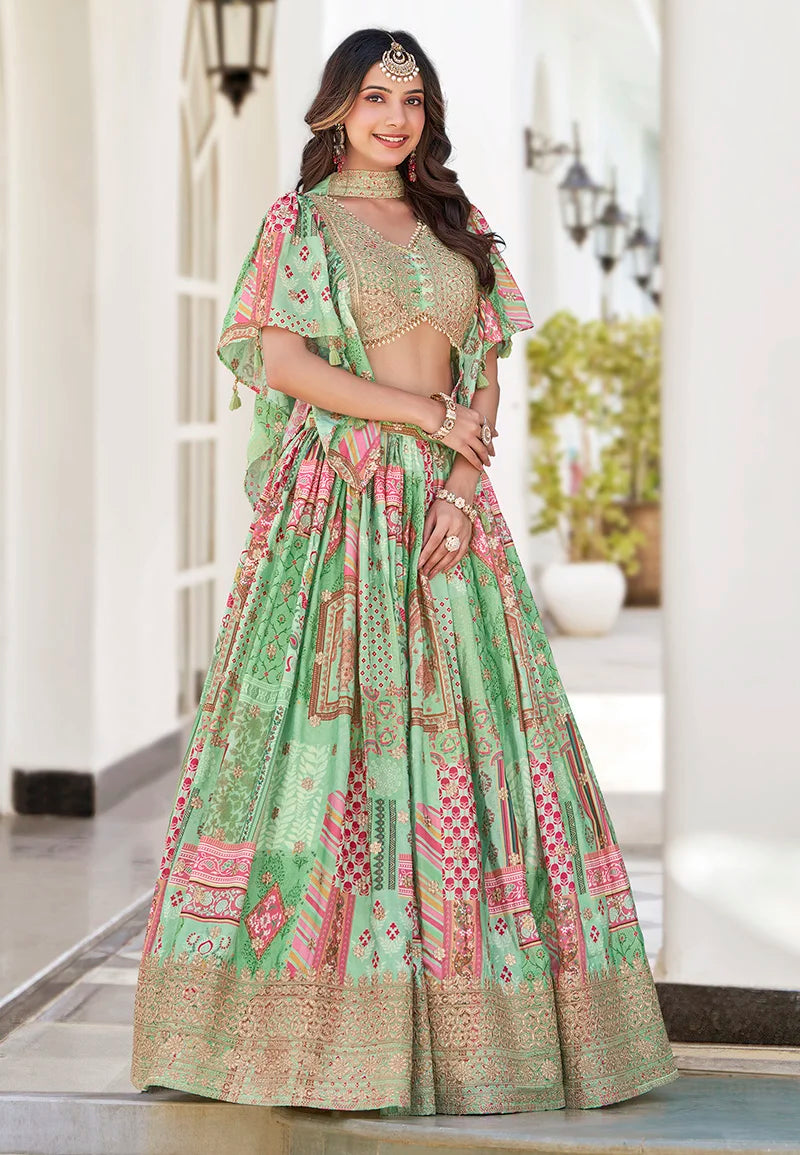 Light Green Chinon Digital Print Lehenga Choli with Cape Dupatta, side