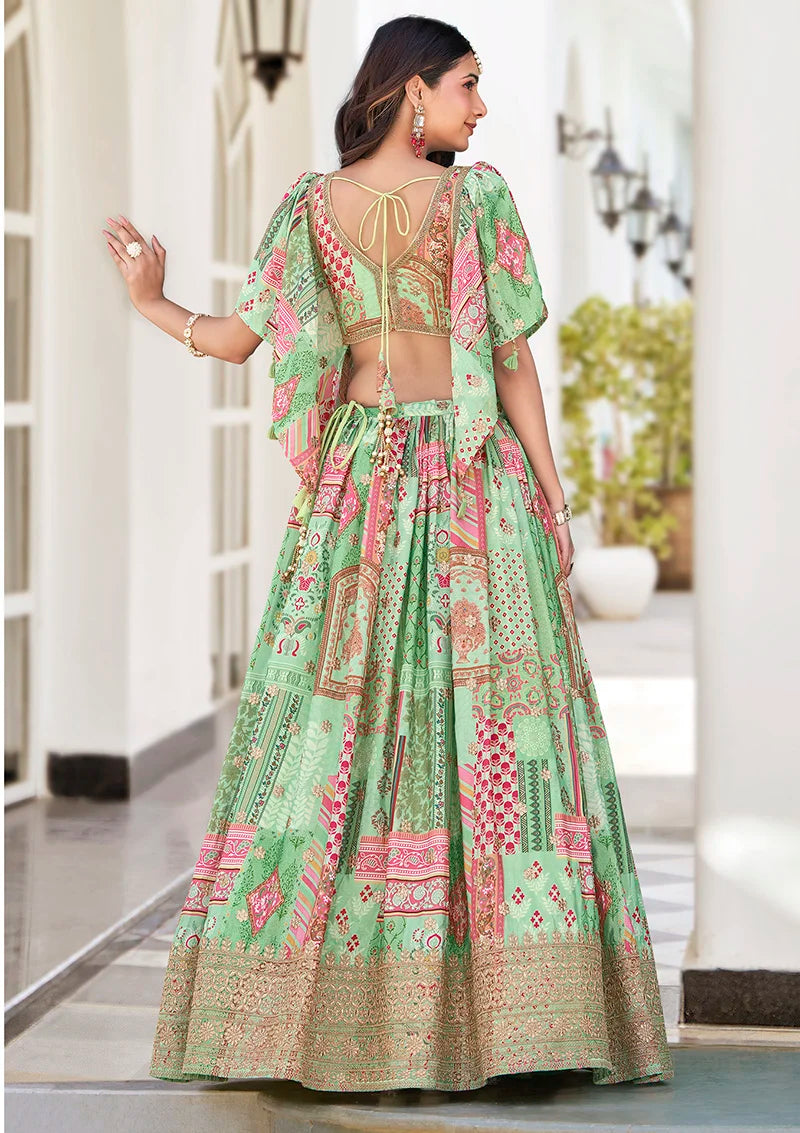 Light Green Chinon Digital Print Lehenga Choli with Cape Dupatta, back