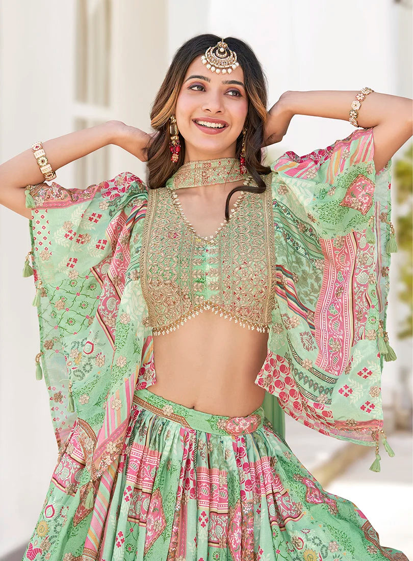 Light Green Chinon Digital Print Lehenga Choli with Cape Dupatta, choli close-up