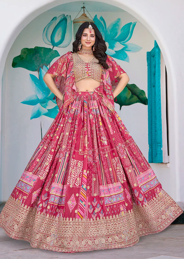 Rani Pink Chinon Digital Print Lehenga Choli with Cape Dupatta, front