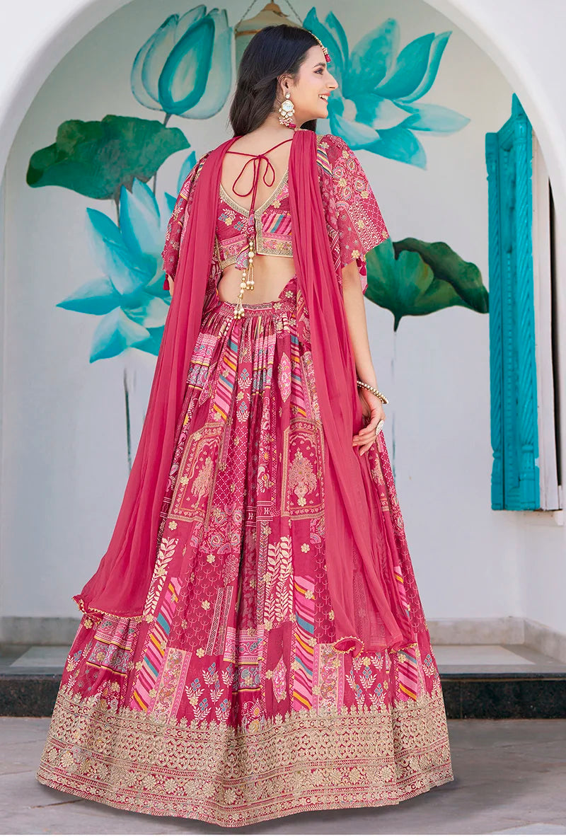 Rani Pink Chinon Digital Print Lehenga Choli with Cape Dupatta, back