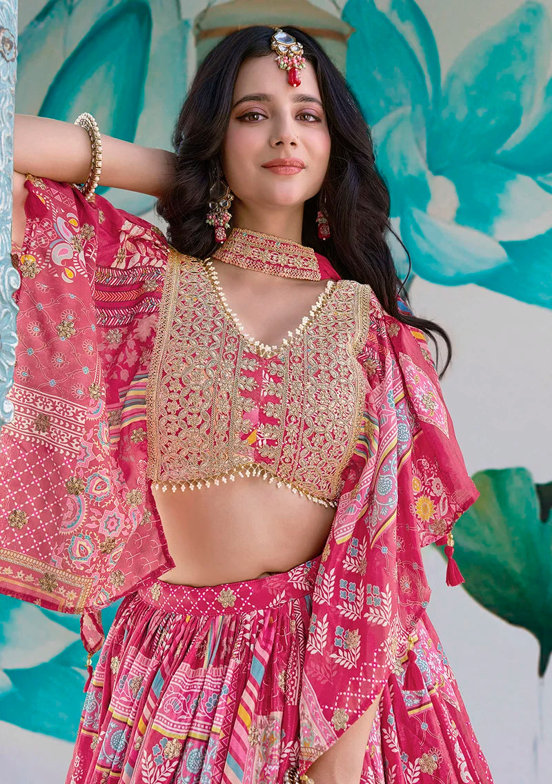 Rani Pink Chinon Digital Print Lehenga Choli with Cape Dupatta, choli close-up