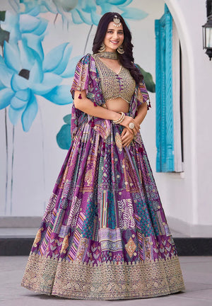 Purple Chinon Digital Print Lehenga Choli with Cape Dupatta