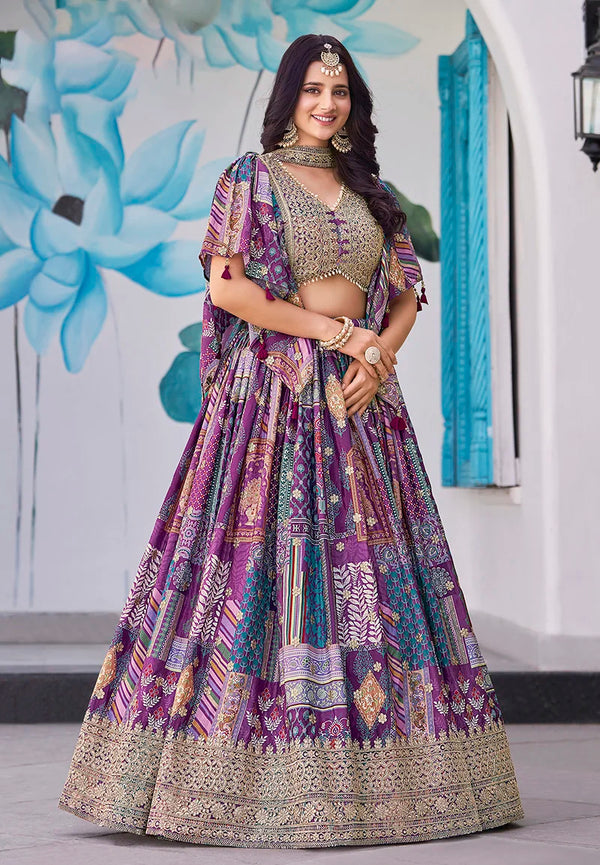 Purple Chinon Digital Print Lehenga Choli with Cape Dupatta, front