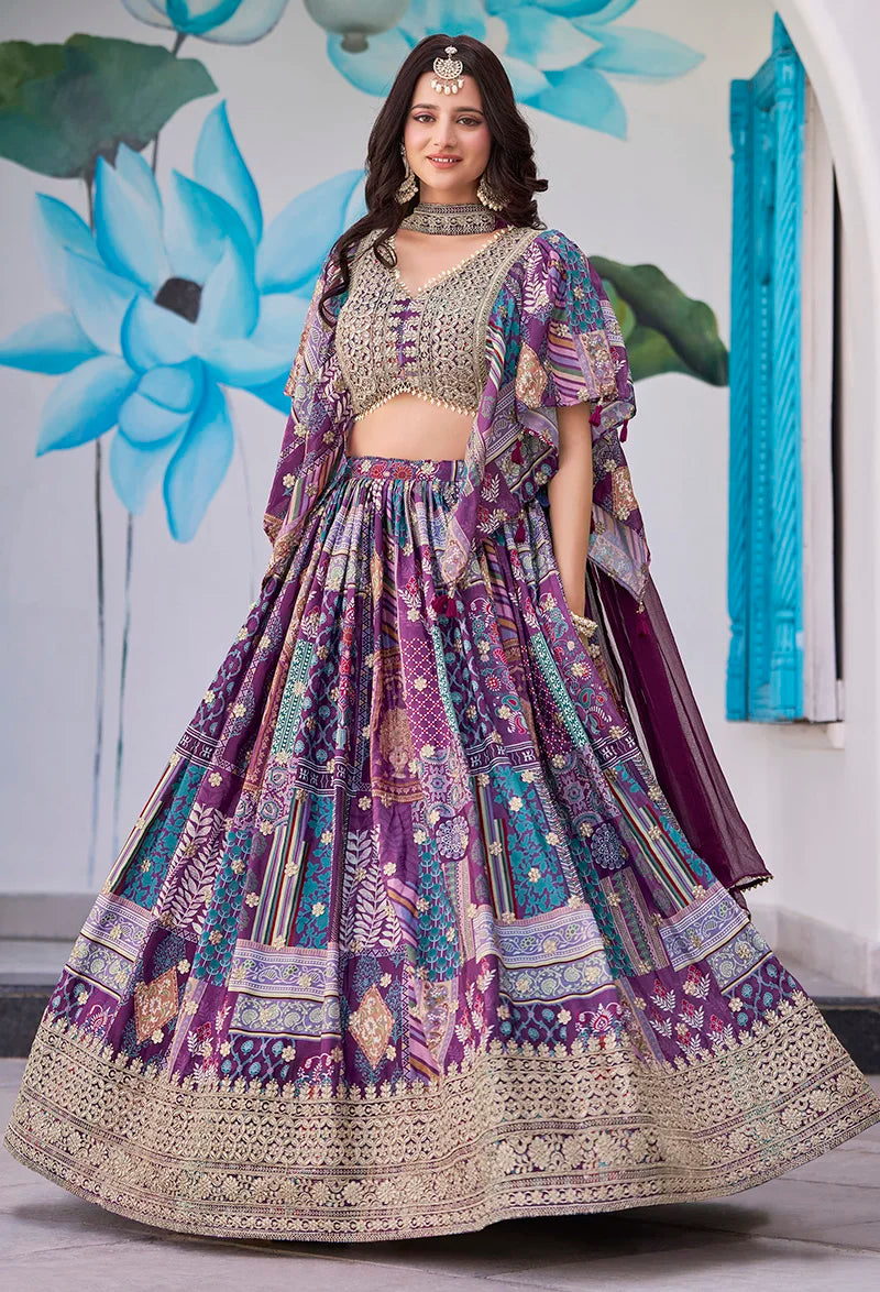 Purple Chinon Digital Print Lehenga Choli with Cape Dupatta, styled on model