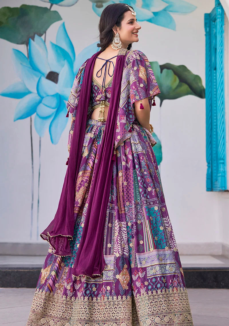 Purple Chinon Digital Print Lehenga Choli with Cape Dupatta, back