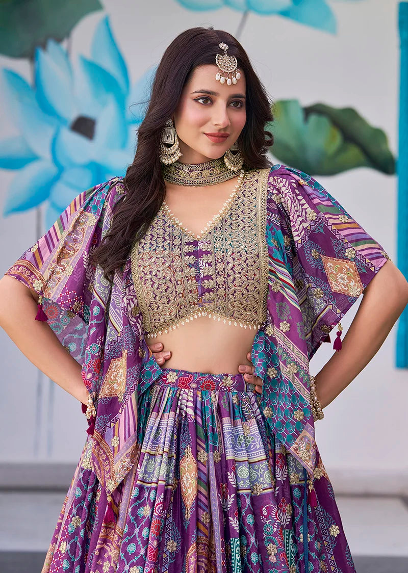 Purple Chinon Digital Print Lehenga Choli with Cape Dupatta, choli close-up