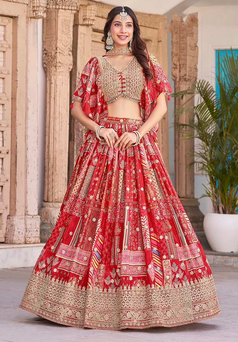Red Chinon Digital Print Lehenga Choli with Cape Dupatta, front