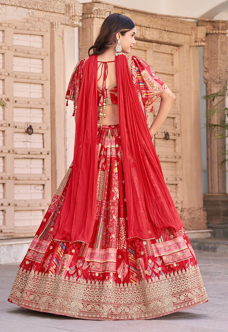 Red Chinon Digital Print Lehenga Choli with Cape Dupatta, back