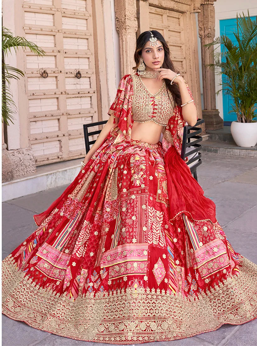 Red Chinon Digital Print Lehenga Choli with Cape Dupatta, styled on model