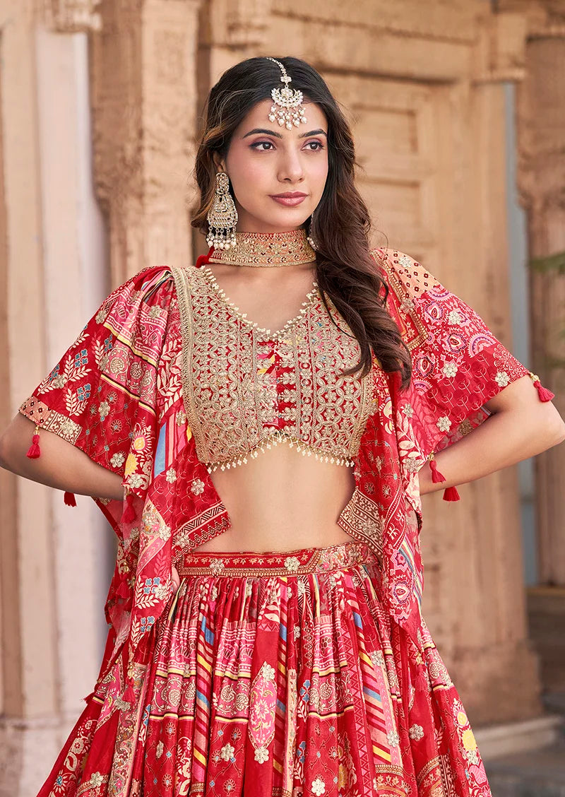 Red Chinon Digital Print Lehenga Choli with Cape Dupatta, choli close-up
