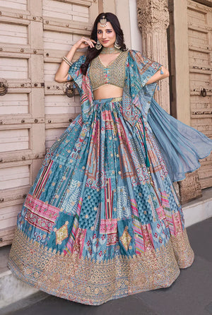 Sky Blue Chinon Digital Print Lehenga Choli with Cape Dupatta