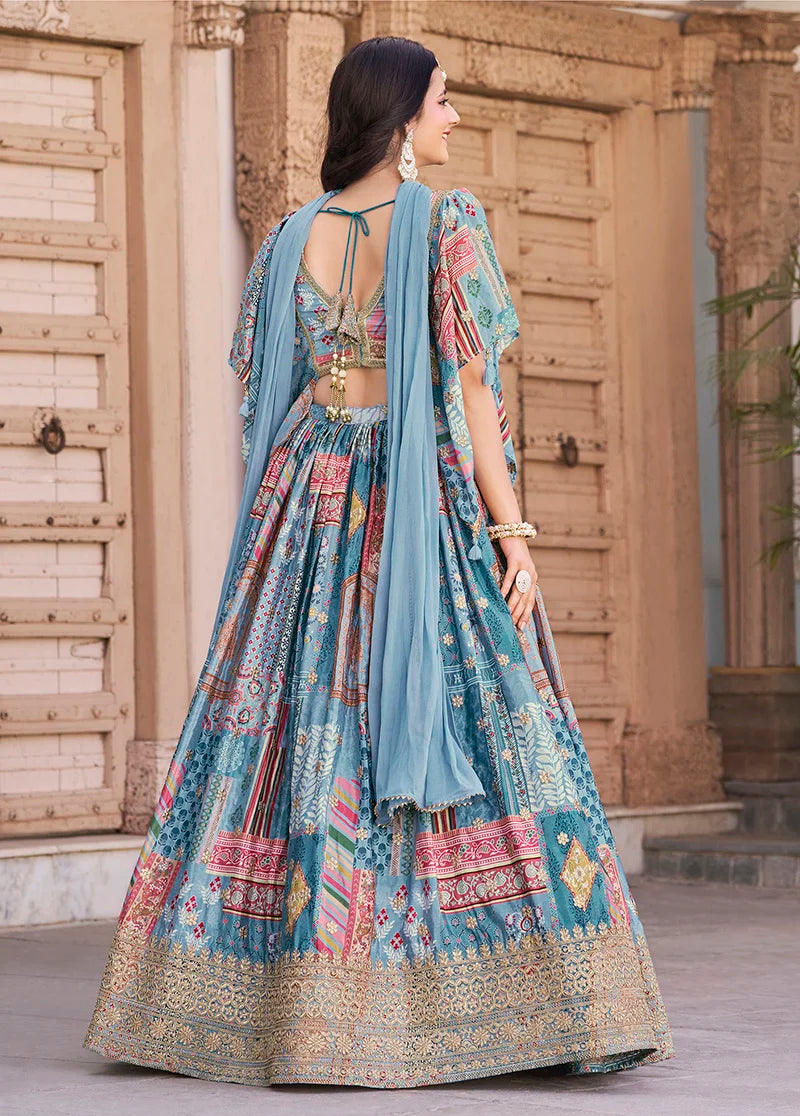 Sky Blue Chinon Digital Print Lehenga Choli with Cape Dupatta, back