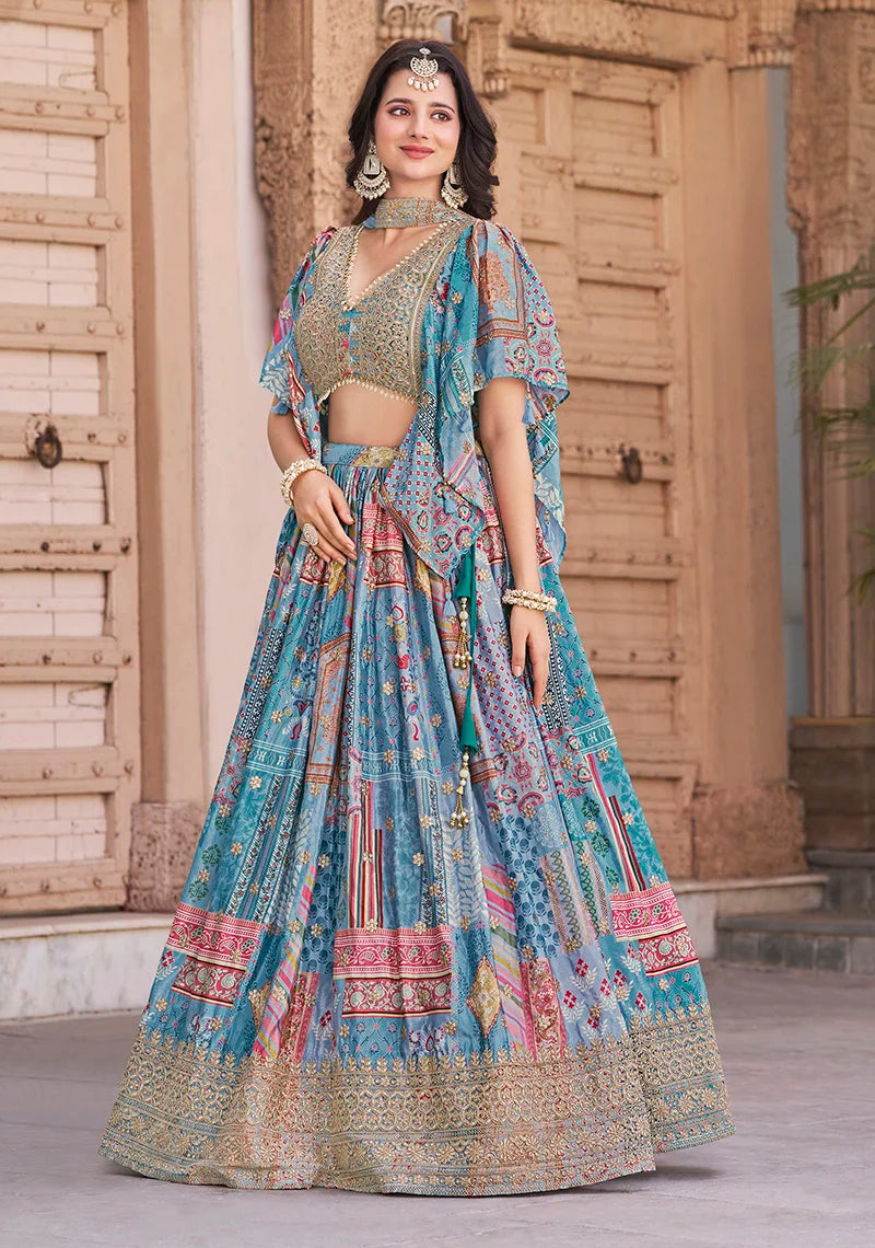 Sky Blue Chinon Digital Print Lehenga Choli with Cape Dupatta, styled on model
