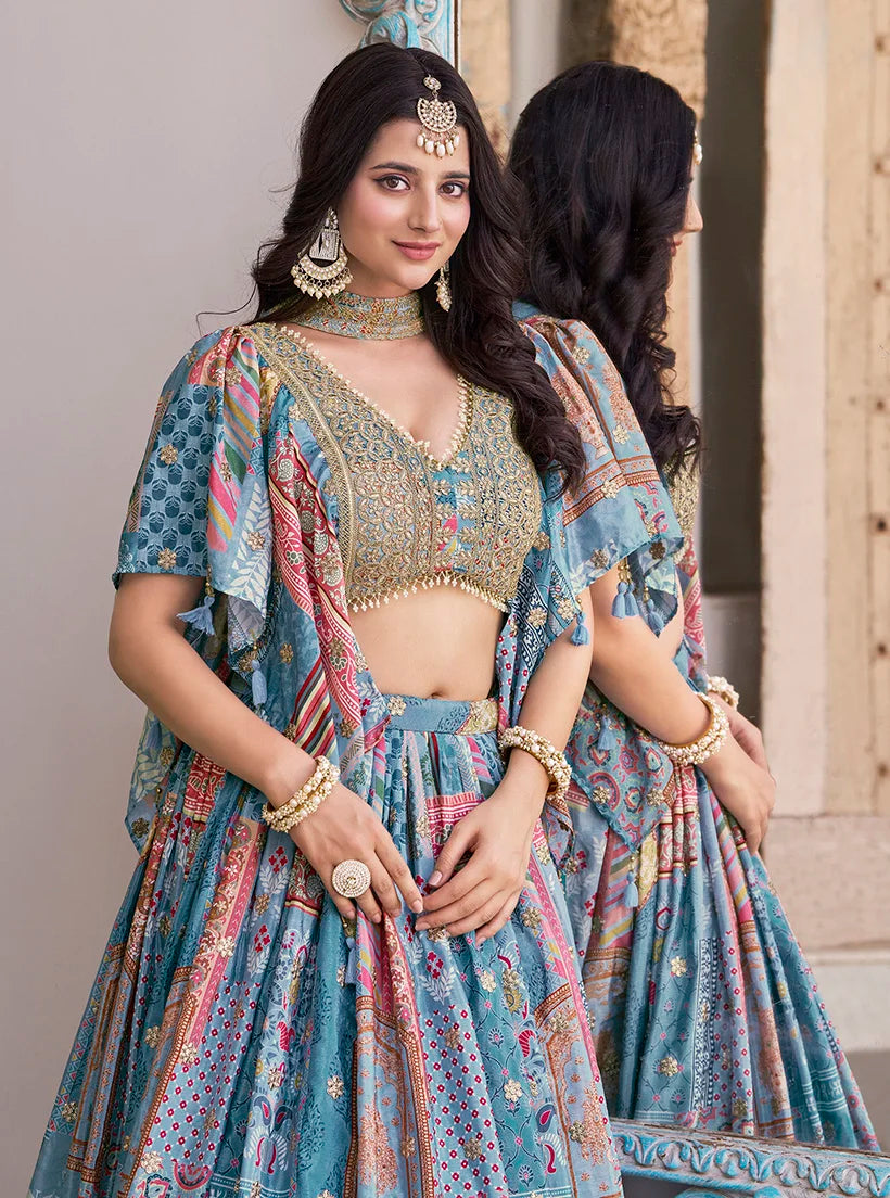 Sky Blue Chinon Digital Print Lehenga Choli with Cape Dupatta, choli close-up