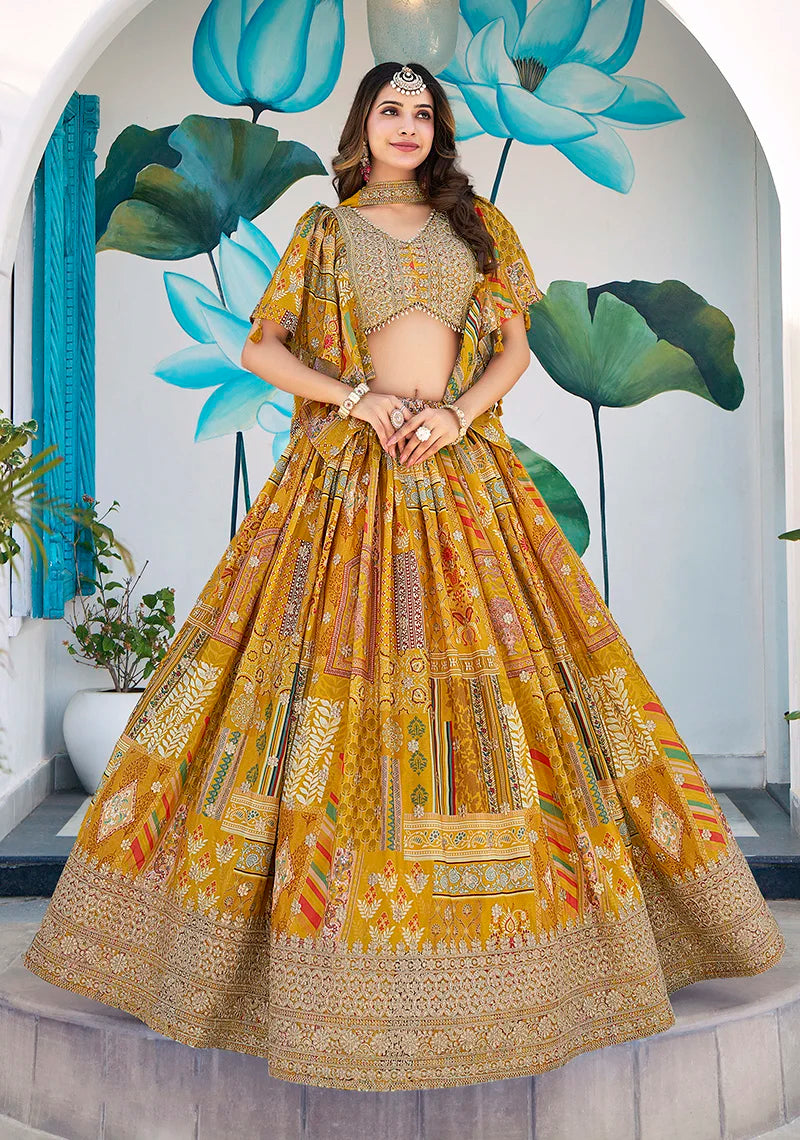 Mustard Chinon Digital Print Lehenga Choli with Cape Dupatta, front