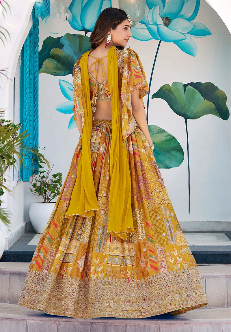 Mustard Chinon Digital Print Lehenga Choli with Cape Dupatta, back