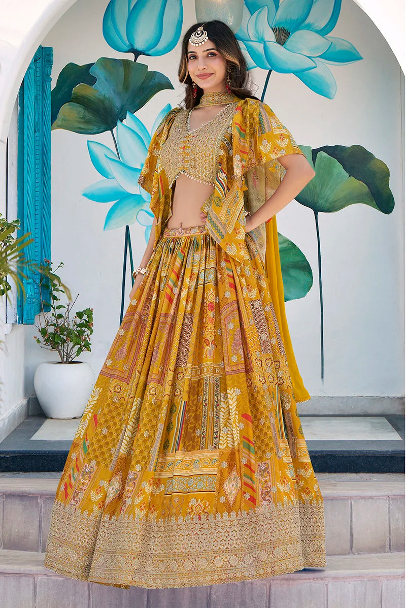 Mustard Chinon Digital Print Lehenga Choli with Cape Dupatta, styled on model