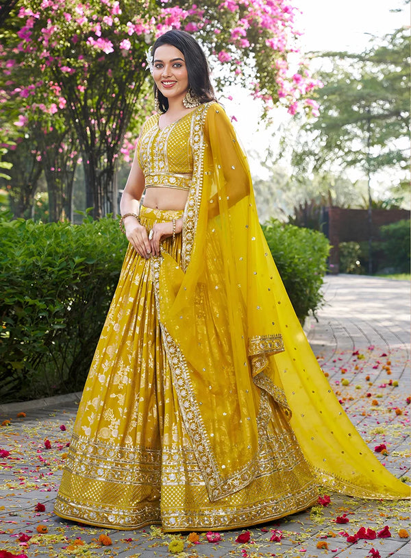 Mustard Silk Blend Woven Lehenga Choli with Floral Vines, side