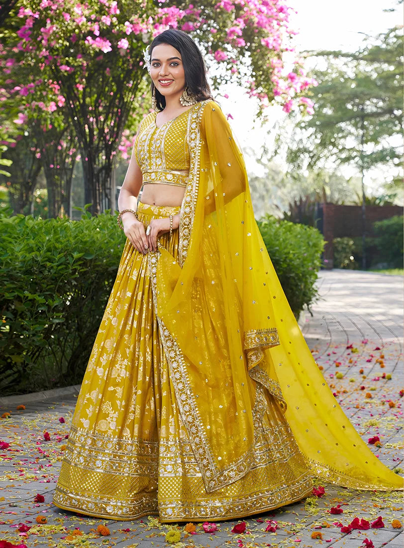 Mustard Silk Blend Woven Lehenga Choli with Floral Vines, side