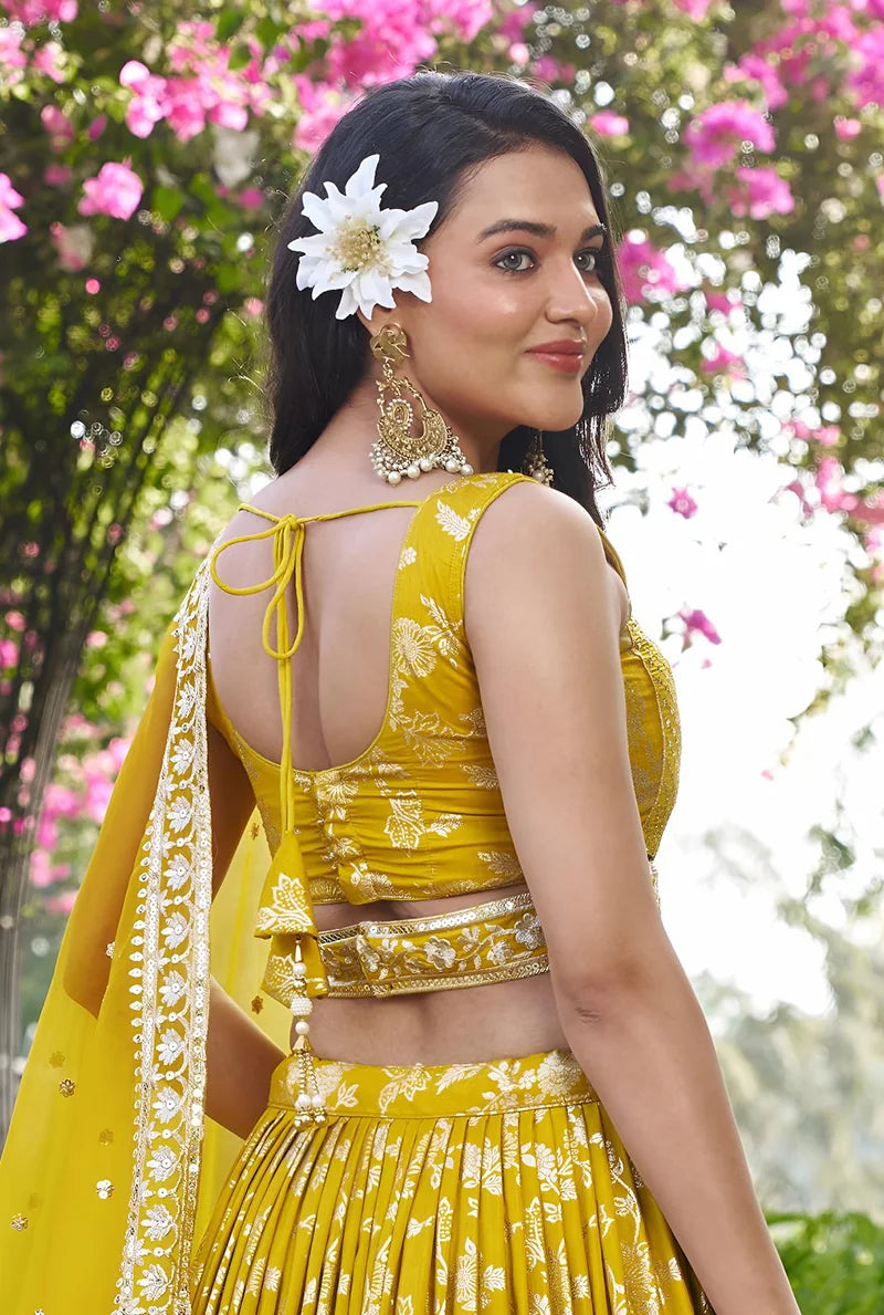 Mustard Silk Blend Woven Lehenga Choli with Floral Vines, choli close-up