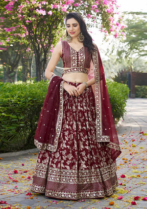 Maroon Silk Blend Woven Lehenga Choli with Floral Vines