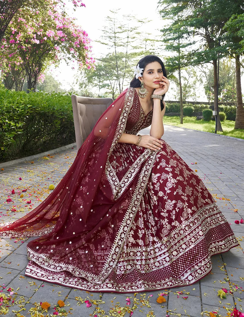 Maroon Silk Blend Woven Lehenga Choli with Floral Vines, side, view 2