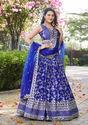 Royal Blue Silk Blend Woven Lehenga Choli with Floral Vines