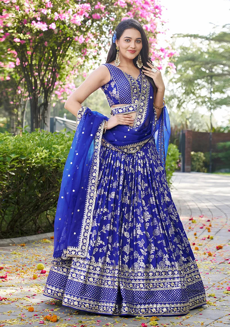 Royal Blue Silk Blend Woven Lehenga Choli with Floral Vines, side