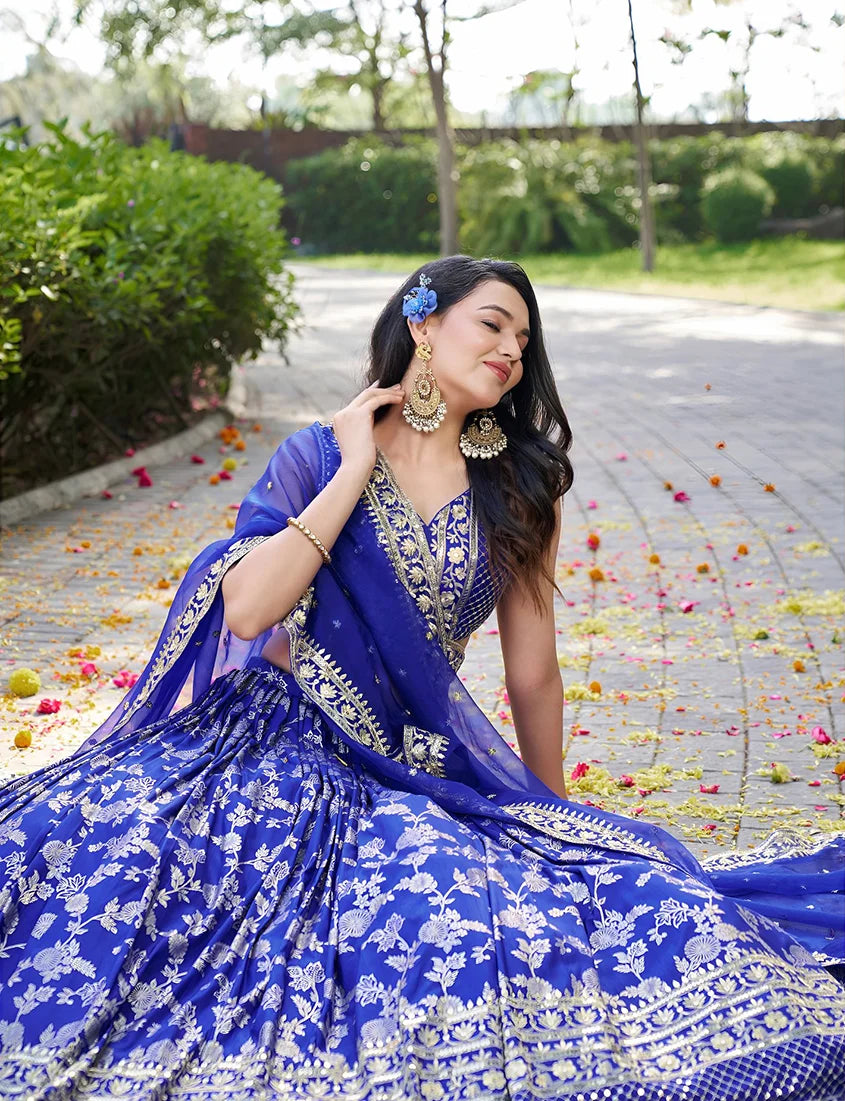 Royal Blue Silk Blend Woven Lehenga Choli with Floral Vines, side, view 2