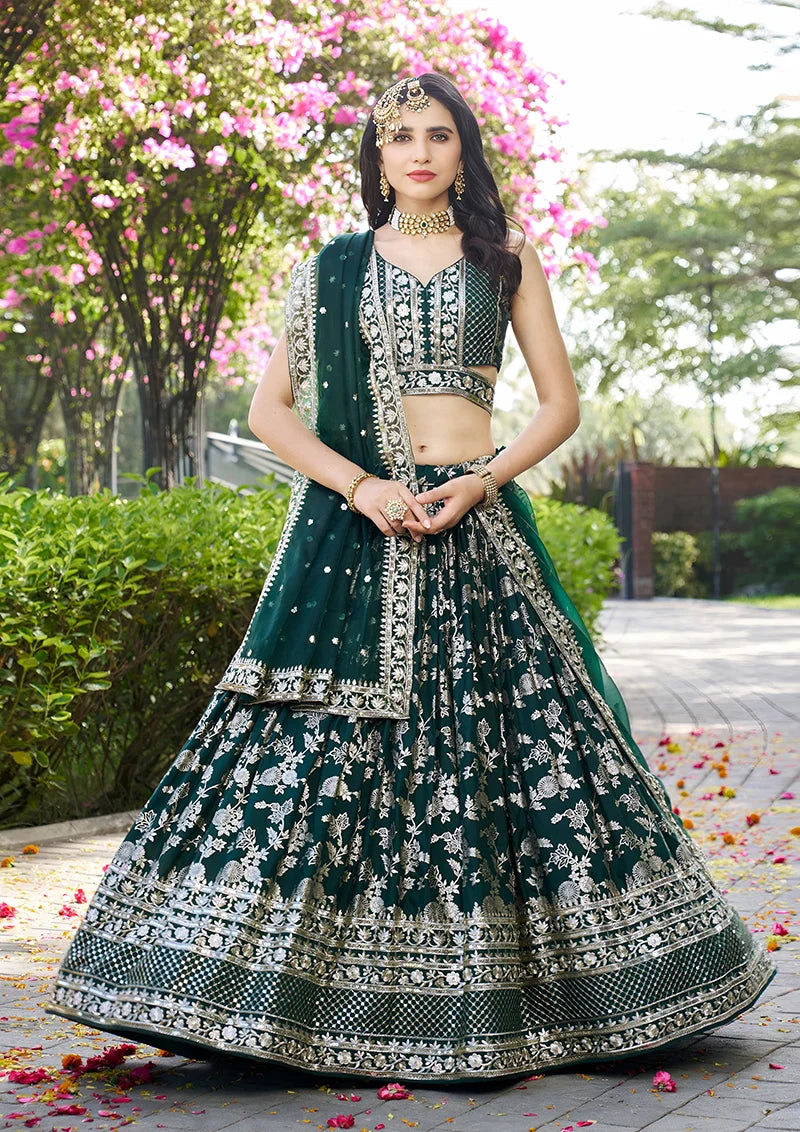 Dark Green Silk Blend Woven Lehenga Choli with Floral Vines, front