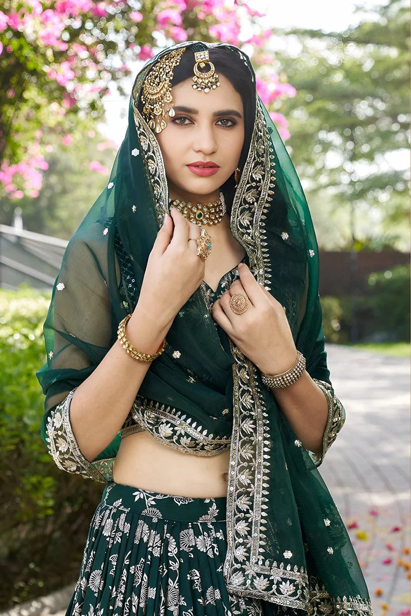 Dark Green Silk Blend Woven Lehenga Choli with Floral Vines, choli close-up
