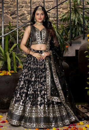 Black Silk Blend Woven Lehenga Choli with Floral Vines