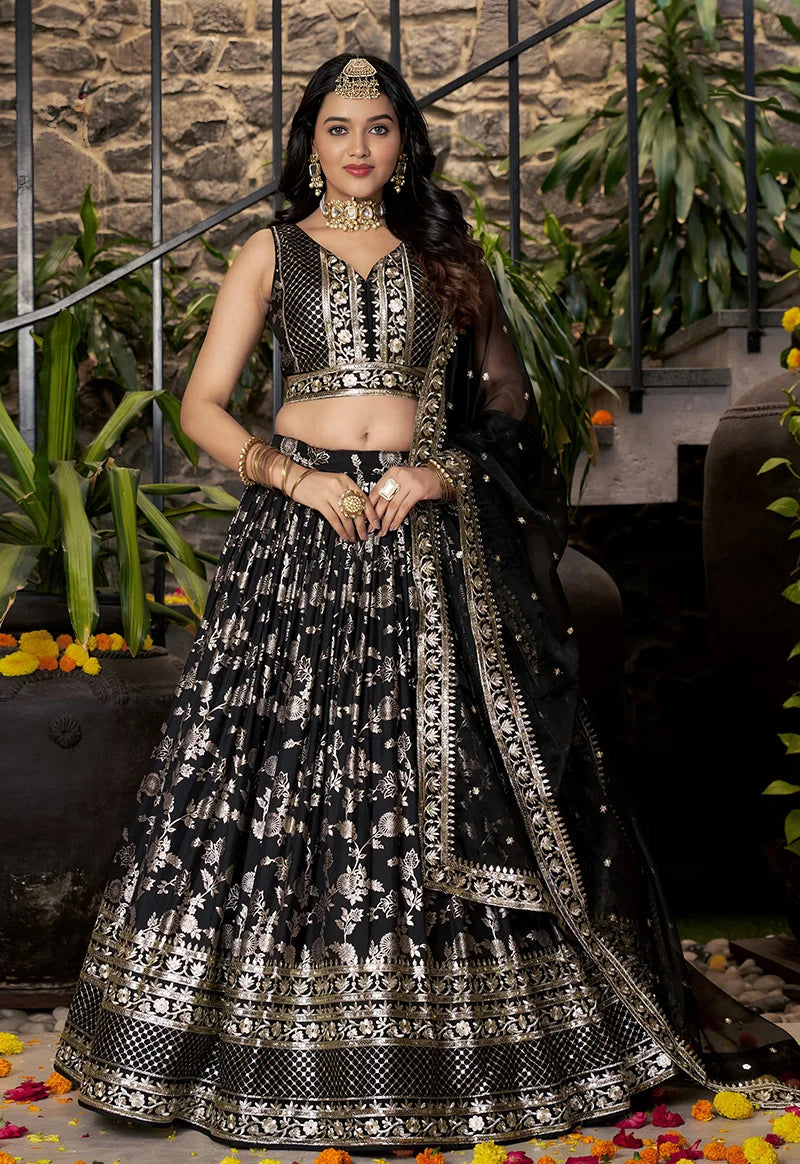 Black Silk Blend Woven Lehenga Choli with Floral Vines, front