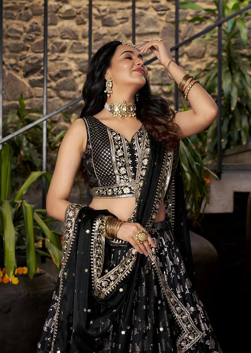 Black Silk Blend Woven Lehenga Choli with Floral Vines, side