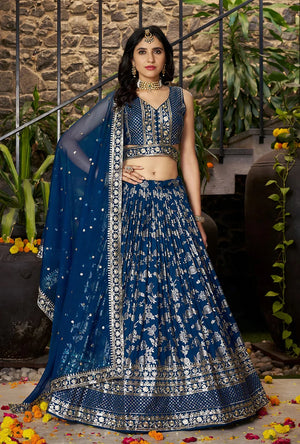 Navy Blue Silk Blend Woven Lehenga Choli with Floral Vines
