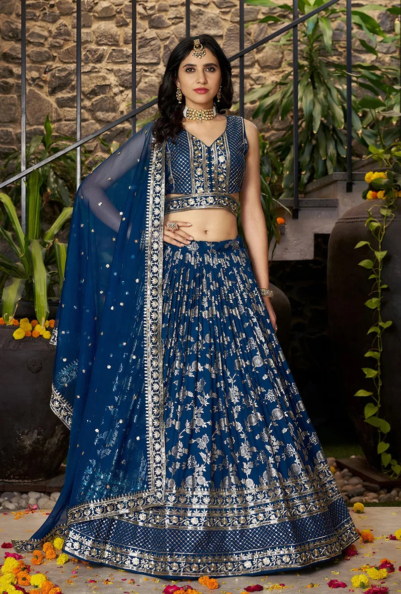 Navy Blue Silk Blend Woven Lehenga Choli with Floral Vines, front
