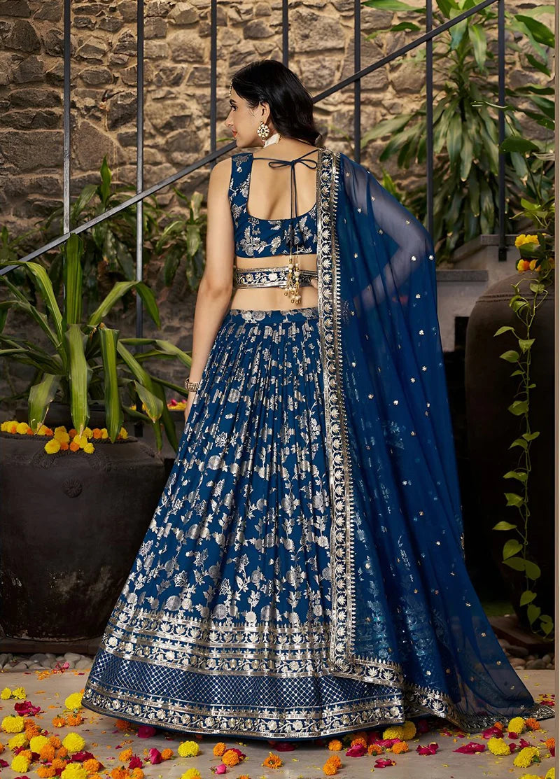 Navy Blue Silk Blend Woven Lehenga Choli with Floral Vines, back