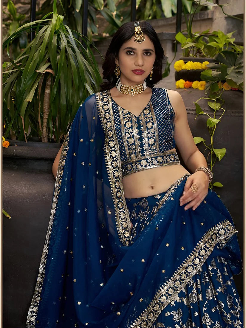 Navy Blue Silk Blend Woven Lehenga Choli with Floral Vines, choli close-up