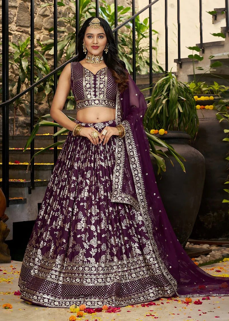 Wine Silk Blend Woven Lehenga Choli with Floral Vines, front