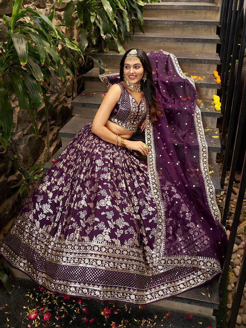 Wine Silk Blend Woven Lehenga Choli with Floral Vines, side